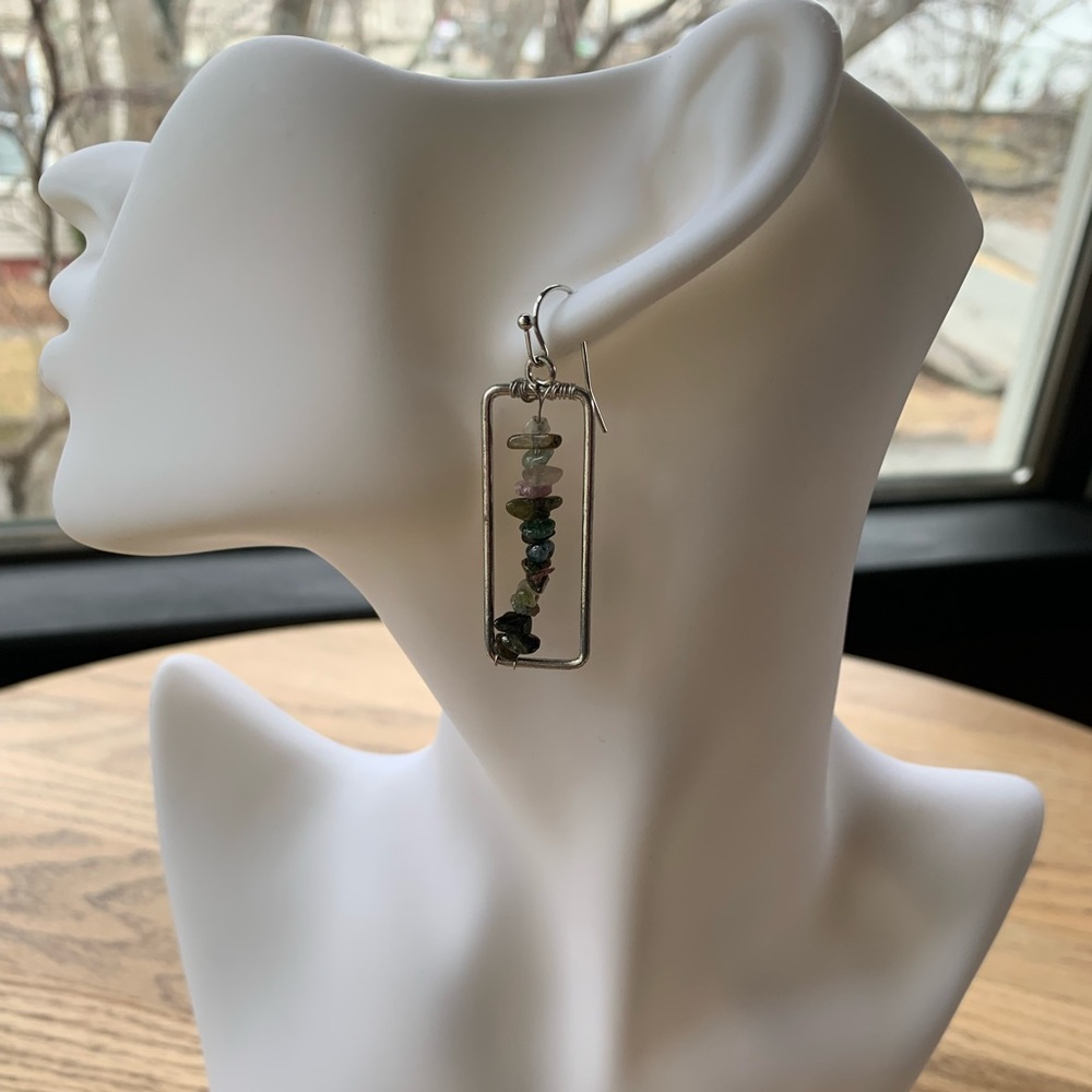 Unique Rectangular Earrings With Stone Beads - image 3